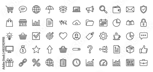 E-commerce and business line icon set. Vector pictograms of shopping cart, wallet, calendar, graph, package, and global network, thin linear illustration.