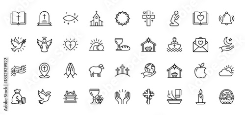 Christianity and religion line icon set. Vector pictograms of cross, bible, church, angel, sheep, anchor, thin linear illustration.