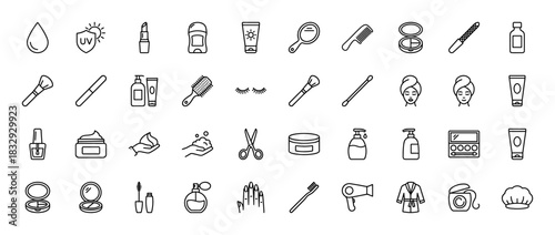 Cosmetics and beauty line icon set. Vector pictograms of makeup, skin care, hair brush, razor, and nail polish, thin linear illustration.