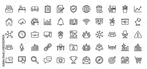 Business and office line icon set. Vector pictograms of document, chart, building, computer, meeting, and target, thin linear illustration.