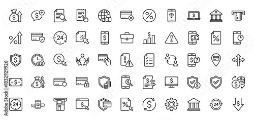 Finance and banking line icon set. Vector pictograms of credit cards, money transactions, security, and mobile banking, thin linear illustration.