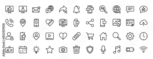 Social media and communication line icon set. Vector pictograms of message, notification, call, map pin, and sharing, thin linear illustration.