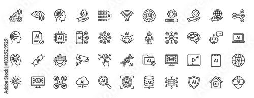 Artificial intelligence line icon set. Vector pictograms of brain, robot, chip, neural network, chatbot, cybersecurity, smart home, thin linear illustration.