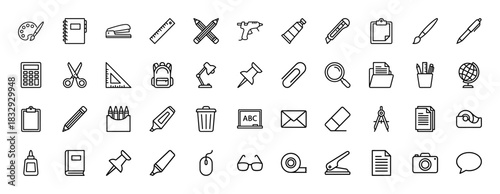 Education and office supplies line icon set. Vector pictograms of pencils, calculator, backpack, and ruler, thin linear illustration.