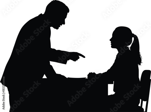 Business conflict silhouette Man pointing finger at woman sitting at desk during a serious office conversation