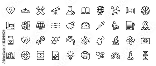 Science and technology line icon set. Vector pictograms of heartbeat, microscope, brain, and solar panel, thin linear illustration.