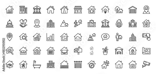 Real estate and property line icon set. Vector pictograms of house, apartment, money, maps, and security, thin linear illustration.
