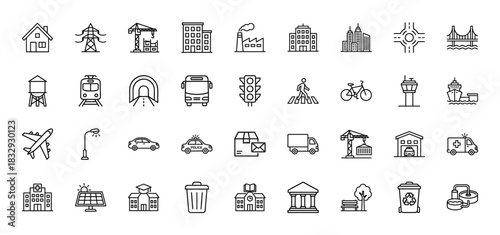 Urban city infrastructure line icon set. Vector pictograms of buildings, transportation, public services, and renewable energy, thin linear illustration.