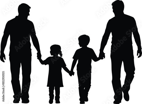 Two Fathers Walking with Son and Daughter Holding Hands Family Silhouette Black Vector
