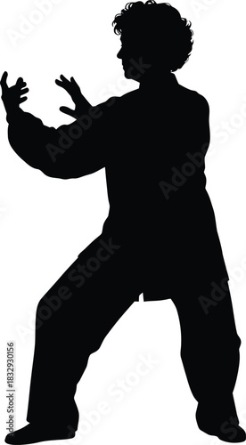 Tai Chi or Qigong exercise silhouette vector Martial Arts practitioner isolated black on white