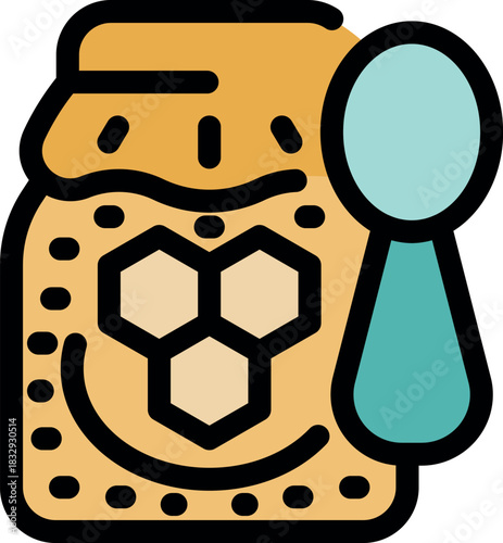 Golden honey dripping from a spoon into a jar, showcasing honeycomb cells, ideal for representing natural sweeteners and bee products