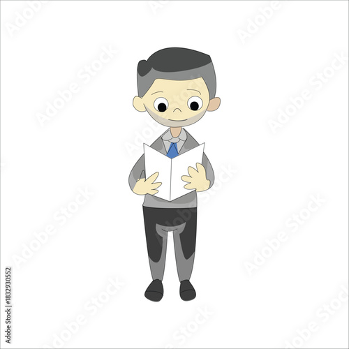 Businessman standing and reading an open book or document carefully