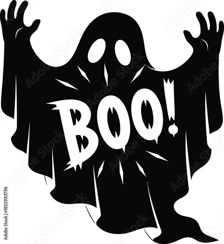 Black Ghost with BOO Text Halloween Vector Illustration