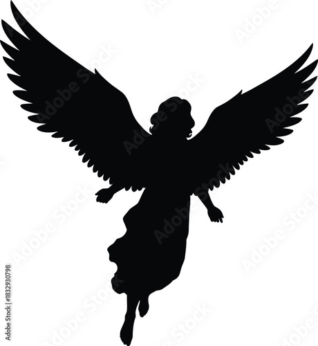 Vector Silhouette of Flying Angel with Spread Wings