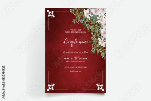 WEDDING INVITATION FRAME WITH FLOWER DECORATIONS AND FRESH LEAVES