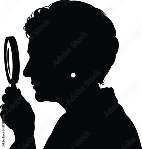 Black Silhouette of an Older Woman Profile Holding a Magnifying Glass Investigating