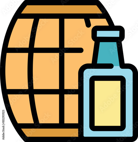 Wooden barrel and glass bottle containing alcoholic beverage like wine or beer representing fermentation process
