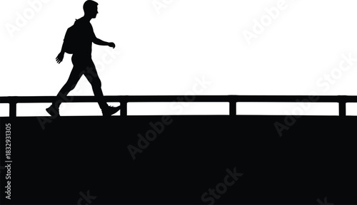 Walking man with backpack silhouette on bridge railing black and white vector