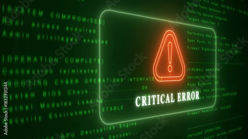 Cyber Critical Error Warning with Digital Code and Exclamation Symbol Keywords: cyber, error, warning, digital, technology, security, system, failure, critical, message, screen, display, code