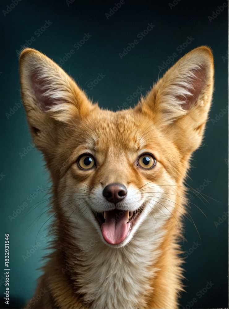 Obraz premium A playful red fox with large ears and a pink tongue sticks out against a teal background. Use: wildlife book cover, nature calendar illustration.
