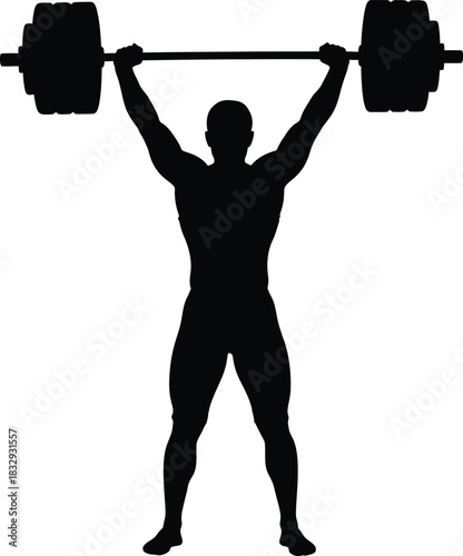 Black Silhouette of Muscular Weightlifter Lifting Barbell Overhead Vector Icon