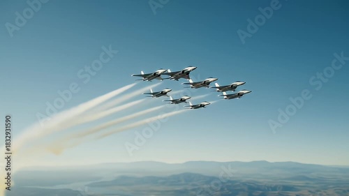 Squadron of Fighter Jets Performing Aerobatic Formation Flight.