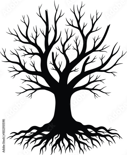 Black Silhouette of Bare Tree with Roots Vector Illustration