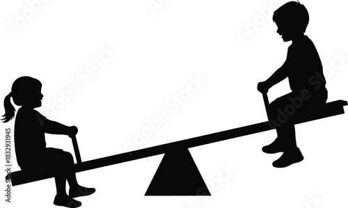 Boy and Girl on Seesaw Silhouette Vector Playground Equipment Black and White Graphic