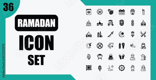 Ramadan icon set with various islamic symbols on transparent background silhouette