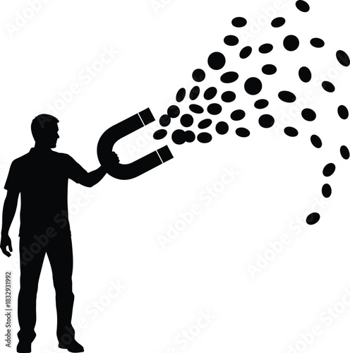 Vector silhouette of a man using a horseshoe magnet to draw in particles