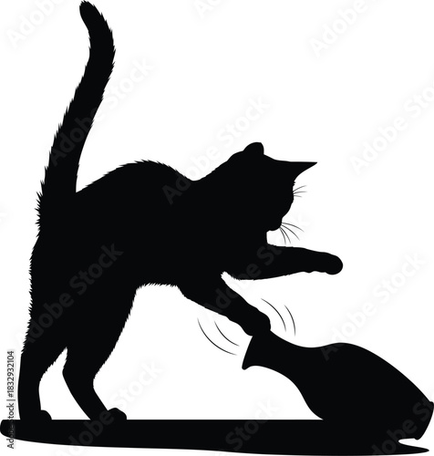 Vector Silhouette of Naughty Cat Knocking Over a Vase Feline Mischief and Playful Destruction