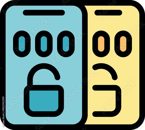 Two smartphones showing two factor authentication, one with an open padlock and the other requesting a password, ensuring secure access