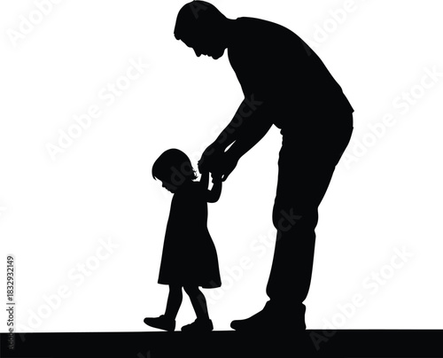 Black silhouette of father teaching daughter to walk holding hands paternal guidance and childhood steps