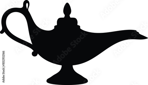 Magic Genie Lamp Silhouette Vector Icon Arabian Fairy Tale Oil Lamp Black and White Symbol