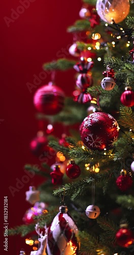 Festive camera movement: decorated Christmas tree with bright lights on a vibrant red background. Perfect for holiday and seasonal content