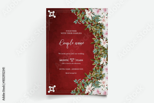 WEDDING INVITATION FRAME WITH FLOWER DECORATIONS AND FRESH LEAVES