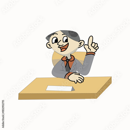 Businessman sitting at a desk raising one finger with a question or idea
