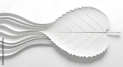  Minimalist Botany,  A 3D Rendered White Leaf with Intricate Veins and Layered Depth