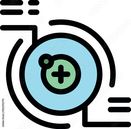 Medical innovation rotating atom with orbiting electron and plus sign representing healthcare research and discovery