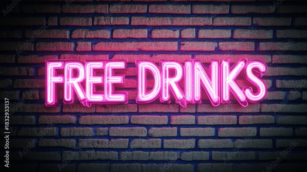 Obraz premium Pink neon sign showing free drinks on brick wall