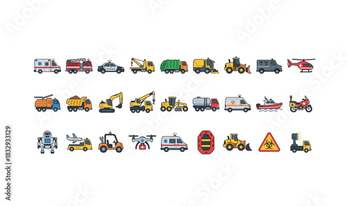 Collection of cartoon emergency and construction vehicles and icons