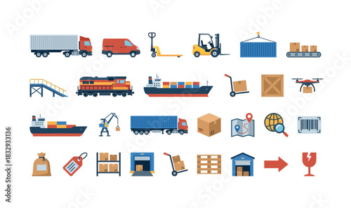 Logistics and transportation icons: vehicles, shipping, and delivery tools