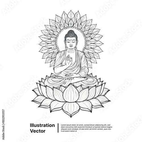 Meditating Gautama Buddha seated on a lotus flower with a radiant halo, spiritual line art design