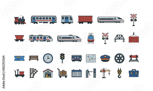 Collection of railway and transportation icons featuring trains and infrastructure elements