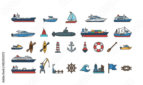 Colorful nautical icons: boats, ships, and marine elements