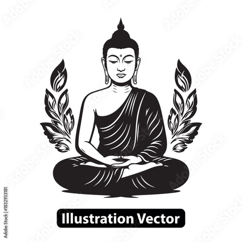 Black and white vector illustration of a meditating Buddha, a spiritual symbol of peace and calm