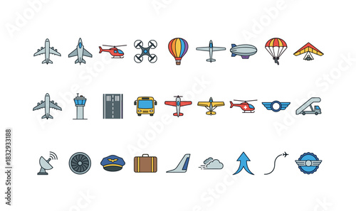 Colorful transportation icons featuring aircraft, drone, balloon, helicopter, and travel symbols