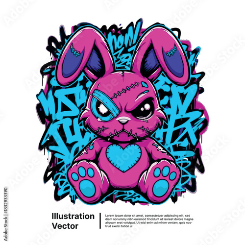 Plush Zombie Bunny Illustration Edgy Character with Graffiti Accents, Perfect for T-Shirts