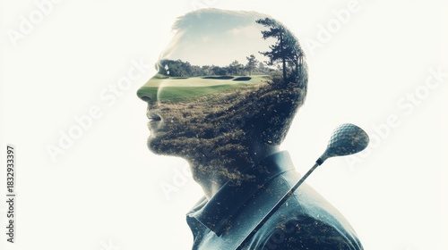 Golfer combining with golf course in double exposure portrait
