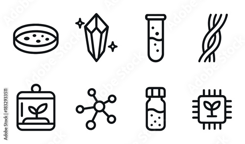 Collection of science icons: petri dish, crystal, test tube, dna, plant, molecule, chip